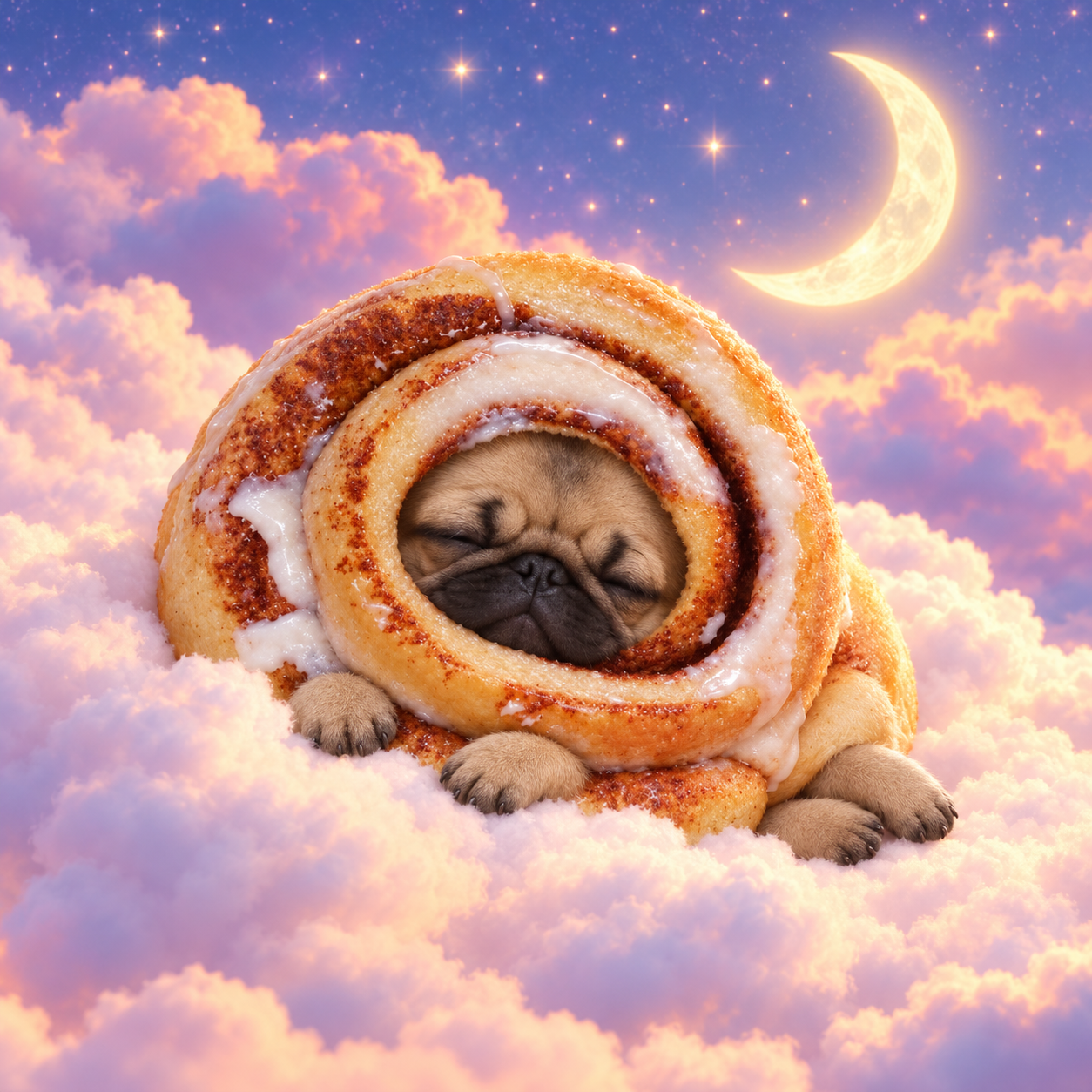 Cinnamon roll pug sleeping on pink clouds