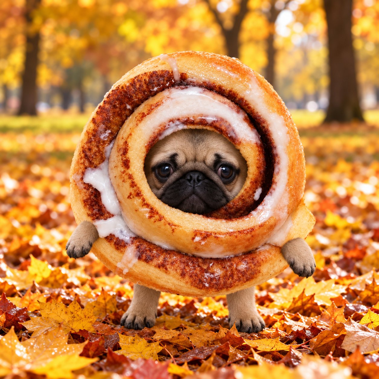 Cinnamon roll pug in a golden autumn park