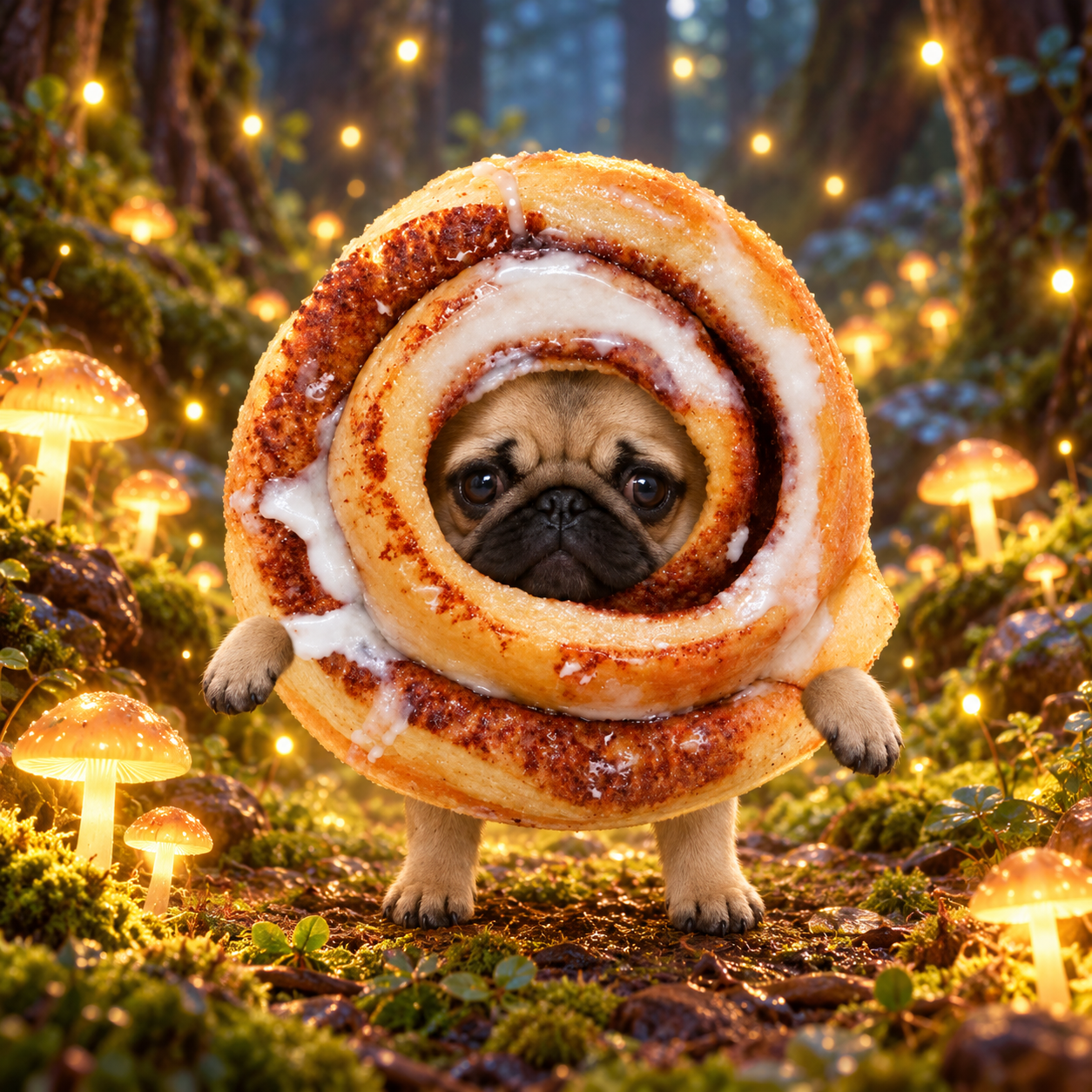 Cinnamon roll pug in an enchanted forest